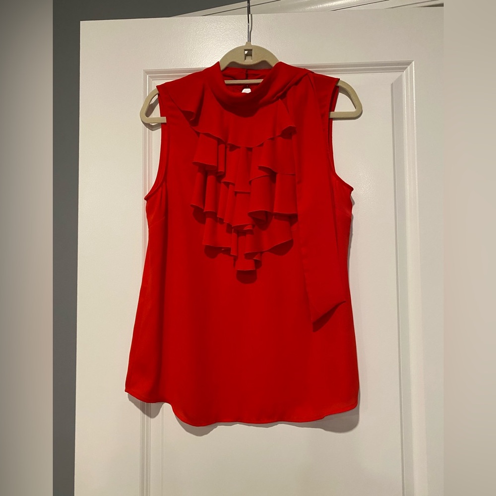 Banana Republic sleeveless red silky blouse with ruffled front